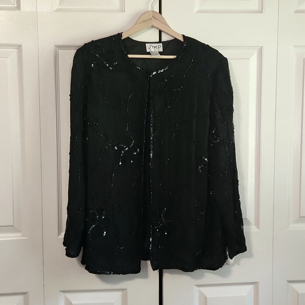Vintage JMD New York‎ Women's Black Silk Long Sleeve Floral Beaded Jacket 1X